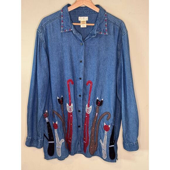 VTGA Bobbie Brooks Appliqued CATS Denim Blue Jean Cotton Long Sleeved Shirt: XL - Picture 1 of 4